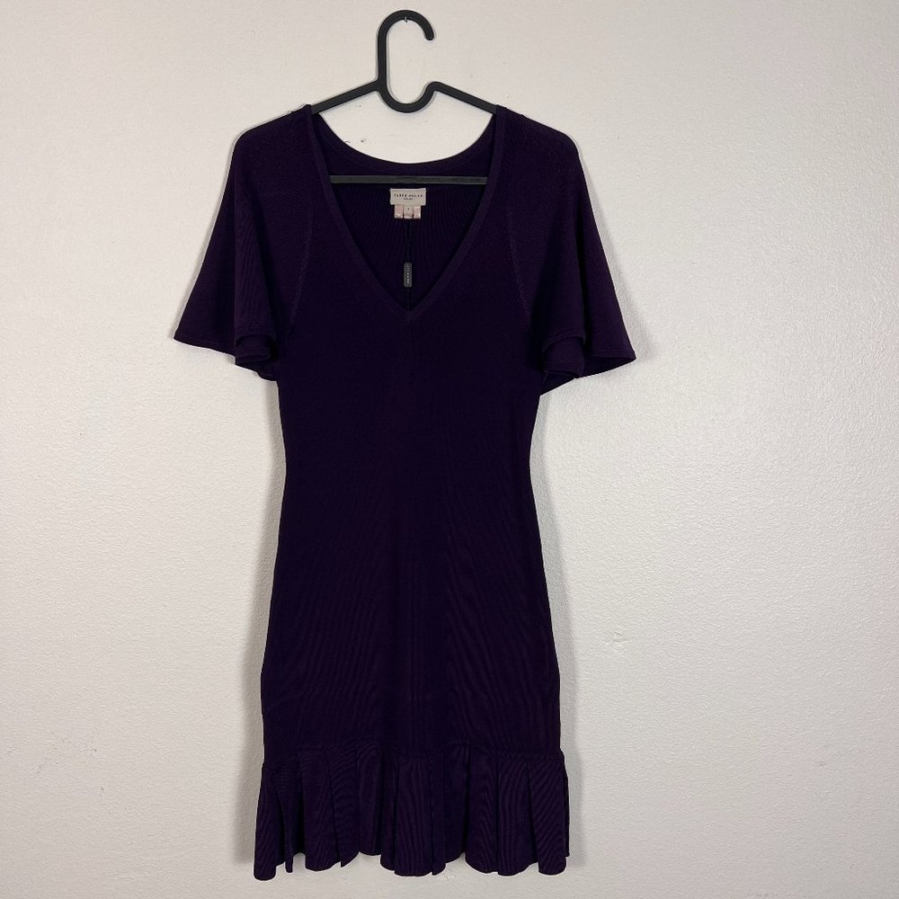 Karen Millen Womens Purple Pleated Hem Mini Dress Flutter Sleeve Stretch Size 2